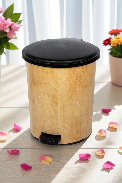 ÇEÇEN HOME Wooden Patterned Press Pedal Trash Can 2 No 8 Lt (Boy:22 cm En:12 cm)