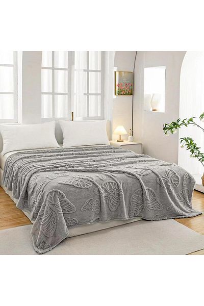 FIONNA.RO Medium Thickness Blanket Embossed Butterflies - Light Grey