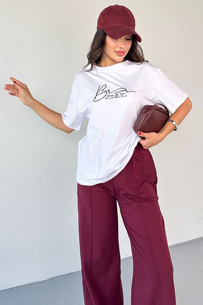 Cappmoda Tkm-0065 Burgundy Touch the Soul Written Injection Printed T-Shirt Loose Trousers Two-Piece Set