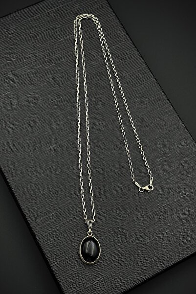 FRNCH 925 Ayar Gümüş ve Onyx Doğal Taşlı Siyah Renk Erkek Kolye FRJ30918-1018-S2