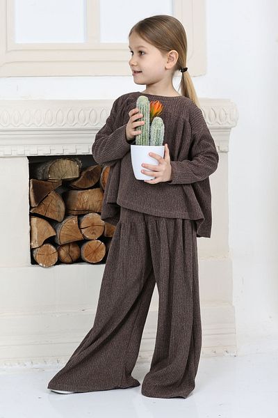 TOFİSA Girls Coffee Girls Square Neck Embroidered Blouse and Loose Pants Bottom Top Set - 26815