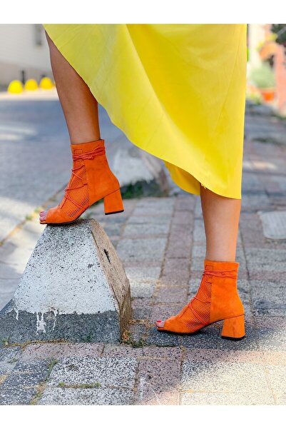 BERFONA Smile Orange Mesh 5 cm Heel Summer Boots Sandals