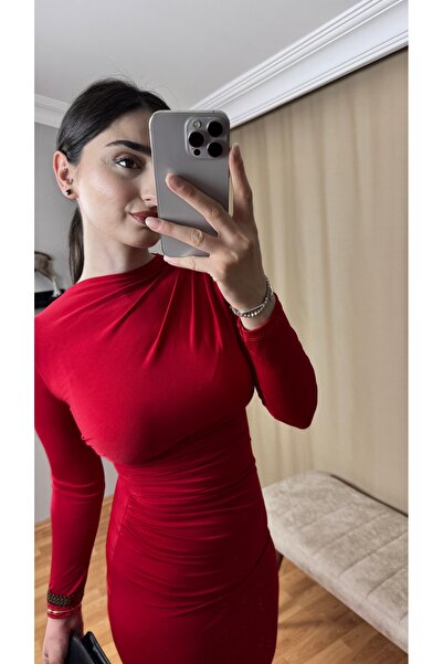 TEXXANA Long Sleeve Sandy Fabric Midi Length Dress