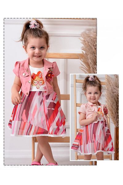 Bulut Baby 2 Piece Jacketed Dress in Denim Cotton Chiffon Fabric for Girls