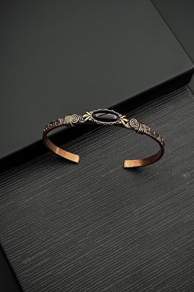 FRNCH Bakır Madenli Onyx Doğal Taşlı Siyah Erkek Kelepçe Bileklik FRJ12579-35...