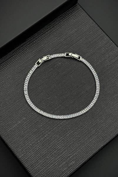 FRNCH Beyaz Baget Zirkon Taşlı Gümüş Renk Tennis Erkek Bileklik FRJ12513-3513-A