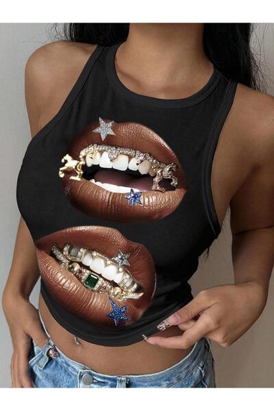 Afri Crop top negru cu imprimeu pentru femei – model cu dinți Grillz, stil st...