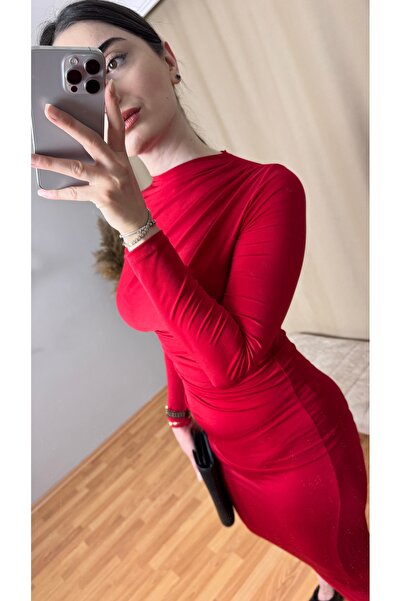 TEXXANA Long Sleeve Sandy Fabric Midi Length Dress