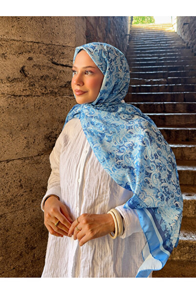 Mira İpek Retro Desenli Pamuk Şal Serisi Mavi ps47