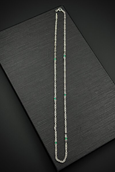 FRNCH 925 Ayar Gümüş İtalyan Model Yeşil Zirkon Taşlı Gümüş Renk Erkek Kolye ...