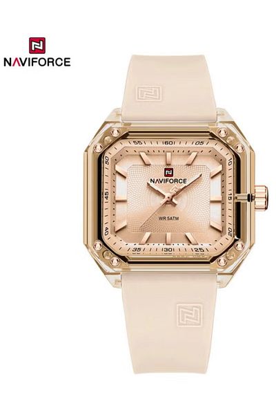 Naviforce Unisex Fashion Watch – 35mm Square Dial, Champagne Color, Silicone Strap, Water Resistant