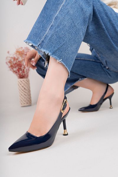 İA İLERİADIM Navy Blue Patent Leather Women's Heeled Shoes Engagement, Promise, Evening Shoes, Evening Dress Heel (9 cm)