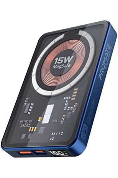 Promate Magnetic Wireless Power Bank, 5000mAh 15W Mag-Safe Transparent Battery Pack
