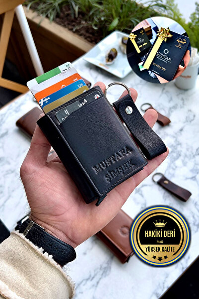 CüzCan Unisex Siyah Hakiki Deri Mekanizmalı Cüzdan - (isme Özel) - (hakiki Deri Anahtarlık Hediyeli)
