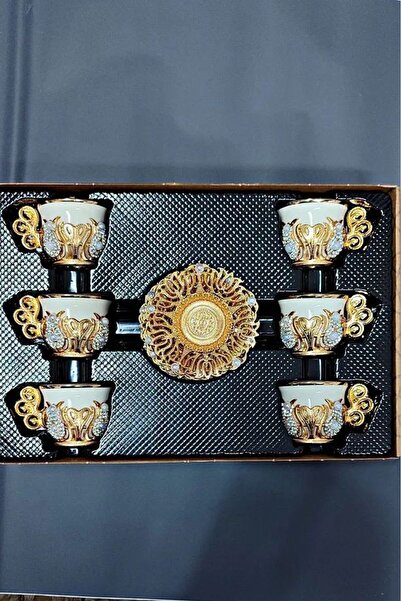 AiroBazar Türk Kahvesi Sunum Seti 6 Kişilik Metal Kahve Fincan Takımı Kahve Fincanı 6 Lı Taşlı Kristal