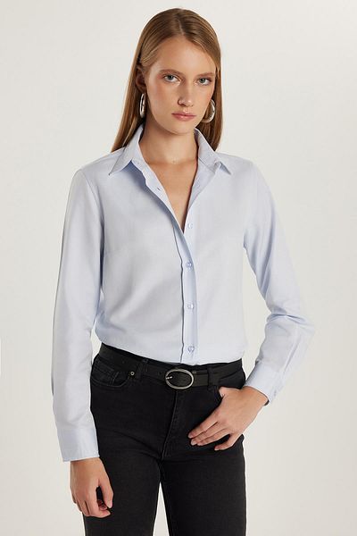 Tudors Cămașă de bază albastră texturată, din bumbac, cu mânecă lungă, slim fit, pentru femei