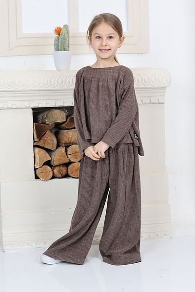 TOFİSA Girls Coffee Girls Square Neck Embroidered Blouse and Loose Pants Bottom Top Set - 26815