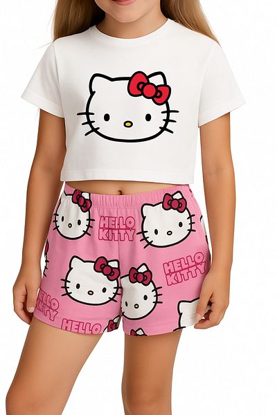 MECH BUTİK Kitty Printed Pink Shorts White Crop Kitty Printed Shorts/Crop Bottom Top Set