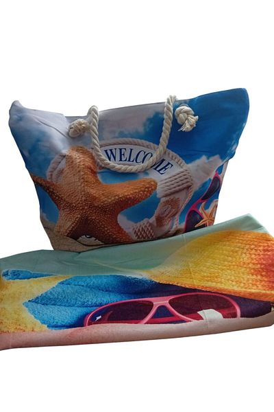 OEM Set Geanta de Plaja Steluta de Mare 55×38 cm + Prosop de Plaja 140×70 cm, Model Marin, Albastru