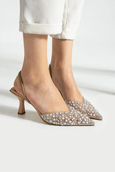 Genel Markalar İncili Kadın Stiletto Taşlı Sivri Burun Arkası Açık Abiye Topuklu Ayakkabİ (7CM)