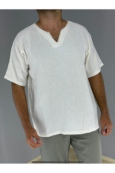 MARESHAL Honeycomb Fabric Collar Crochet Fakir Sleeve T-Shirt (Off White)