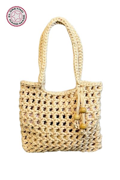 Uretti - Emine 9106 Hand Knitted Combed Cotton Fabric Shoulder Bag with Wooden Bead Detail