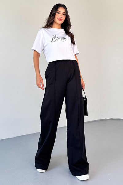 Cappmoda Tkm-0065 Black Touch the Soul Written Injection Printed T-Shirt Loose Pants Two-Piece Set