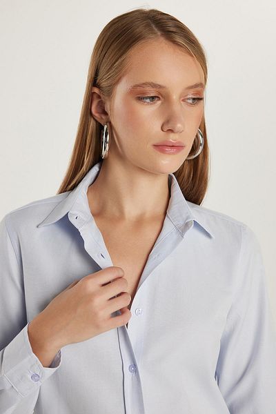 Tudors Cămașă de bază albastră texturată, din bumbac, cu mânecă lungă, slim fit, pentru femei