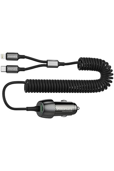 Promate Car Charger with Cable, Universal 33W Power DC Charger with Built-In 3-in-1 Splitter USB-C,