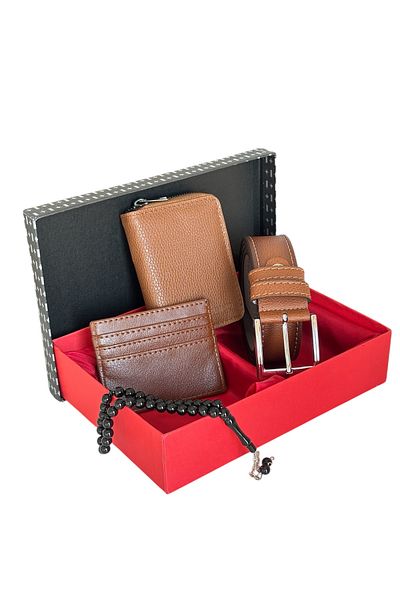 Tisaati Premium Series Special Boxed Luxury Leather Vertical Zipper Wallet Belt Card Holder and Prayer Beads Men's Set