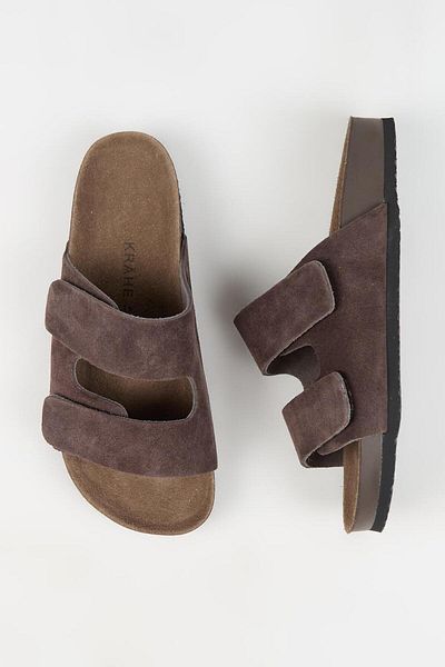 Krahe Robert Men's Genuine Leather Double Strap Velcro Brown Slippers
