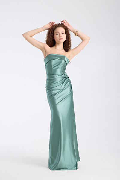 meksila kadın straptes saten likralı uzun yırtmaçlı düğün nişan davet mezuniyet abiye elbise