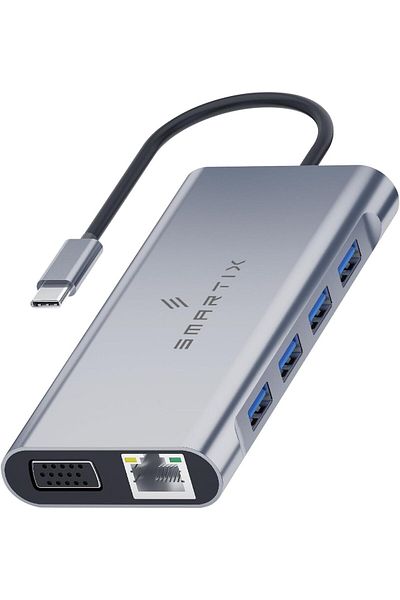SMARTIX محول موزع USB-C 11 في 1 - شحن PD بقوة 100 وات، HDMI بدقة 4K، VGA، إيثرنت، USB 3.0/2.0، SD/TF،