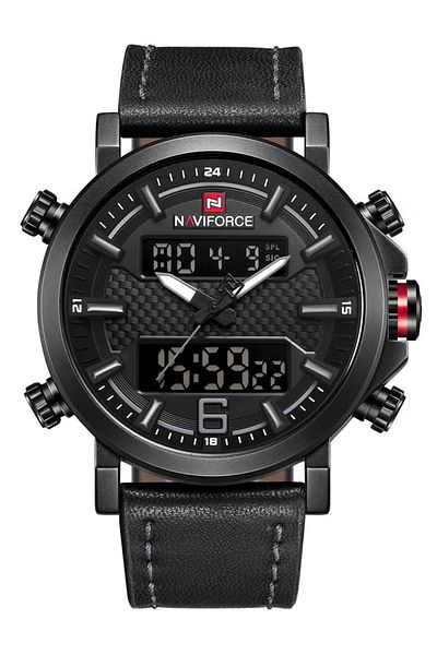 Naviforce Black Dial Black Leather Strap Watch Analog Digital Quartz Waterproof Chronograph with Dual Display