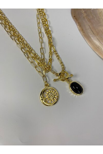 Tılsım Bijuteri Oval Siyah Boncuklu 3'LÜ Ay Güneşli Tasarım Kolye