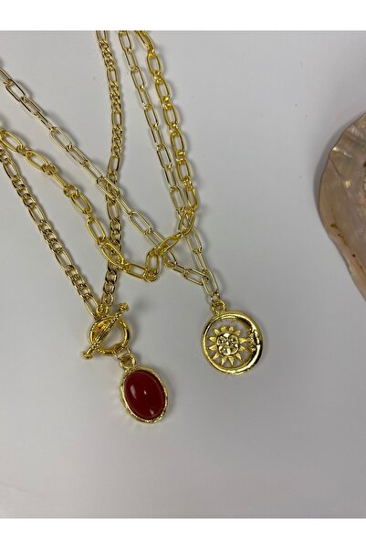 Tılsım Bijuteri Oval Bordo Boncuklu 3'LÜ Ay Güneşli Tasarım Kolye
