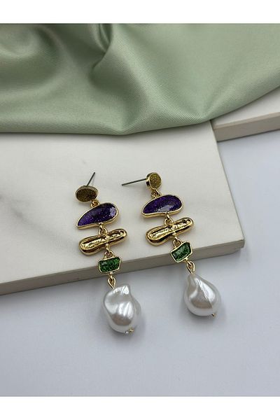 Duéra Steel Design Earrings with Pearl Colored Dangle