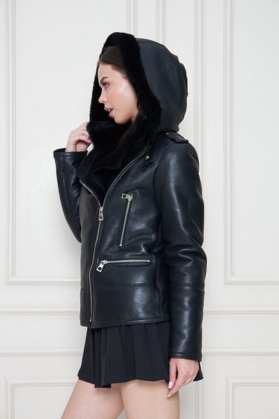 By Marki Marki Women's Genuine Leather Coat – Fur Inside, Hood, Double Breasted Collar, Zippered, 62 Cm, Black - 105622