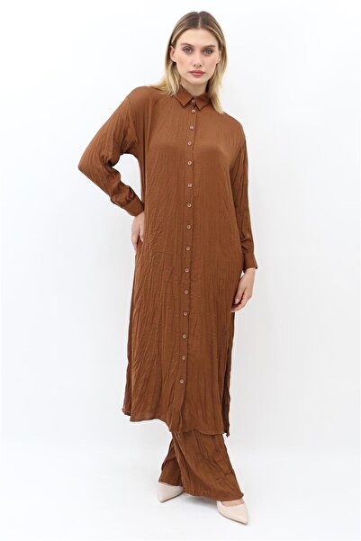 Yaqa Krinkıl Kumaş Cindrella Uzun Gömlek - Kahve