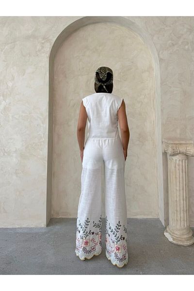369 etnik butik Fiora Embroidery Detailed Double Set – White / Yellow Patterned