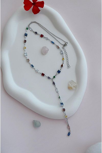 Sacce Scarves&Accessories Elegant Y Model Necklace with Colored Stones Low-Cut Necklace Sparkling Multicolor