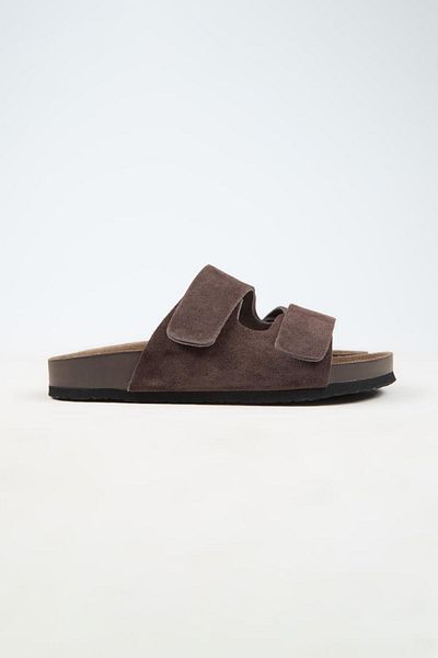 Krahe Robert Men's Genuine Leather Double Strap Velcro Brown Slippers