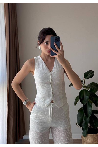LOCH BUTİK Women's White Brodeled Pants Vest Suit