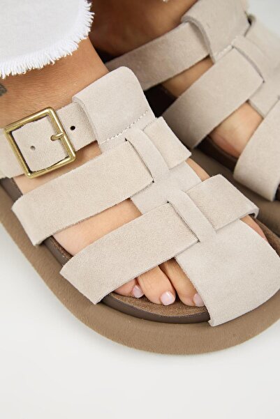 Manijero Brancato Women's Genuine Leather Buckle Banded Sabo Beige Slippers