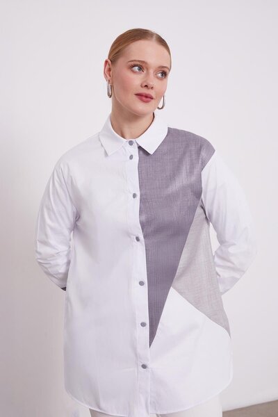 Levidor Renk Bloklu Düğmeli Gömlek - Ekru-Antrasit