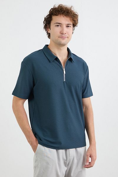 Fulla Moda Βασικό μπλουζάκι με μισό φερμουάρ Polo γιακά