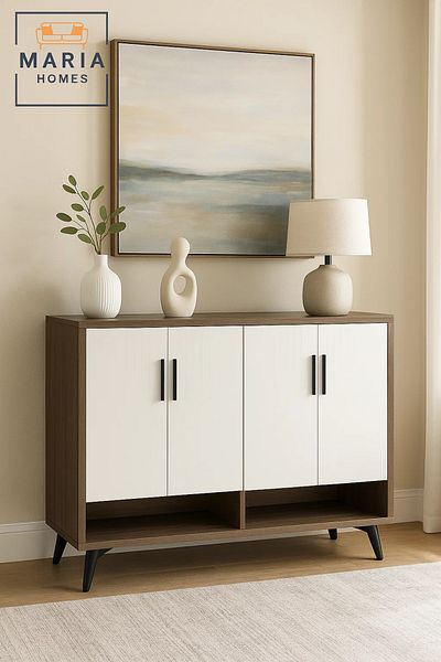 MARIA HOMES Modern 4-Door White Shoe Rack Cabinet with Open Storage – Stylish Wooden Shoe Organizer