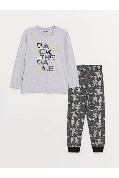 LC Waikiki Lcw Kids Gray Crew Neck Printed Long Sleeve Boy Pajamas Set
