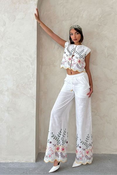 369 etnik butik Fiora Embroidery Detailed Double Set – White / Yellow Patterned