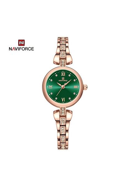 Naviforce Elegant and Luxurious Rose Gold Analog Wrist Watch with Crystal Accents and Green Dial